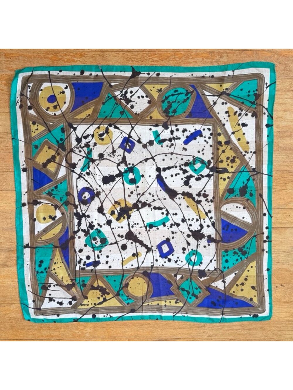 Vintage Abstract Print Scarf 90s Geometric Splatter Design Square Gauze Cotton